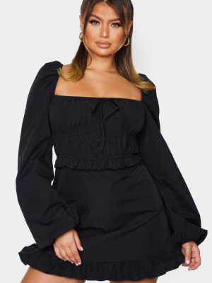 Black Woven Ruched Frill Detail Tea Dress