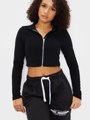 Black Towelling Zip Up Long Sleeve Crop Top