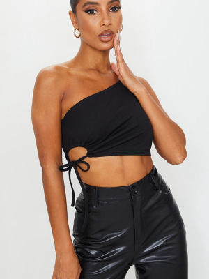 Black Crepe One Shoulder Side Ruched Crop Top