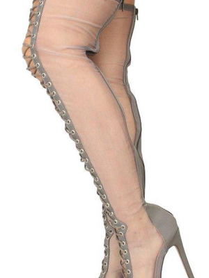 Valentina183 Grey Sheer Peep Toe Thigh High Lace Up Boot