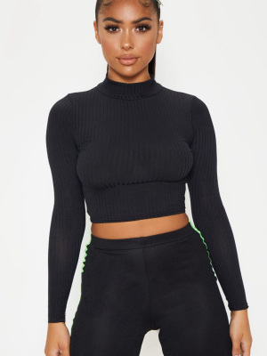 Petite Black High Neck Ribbed Long Sleeve Crop Top