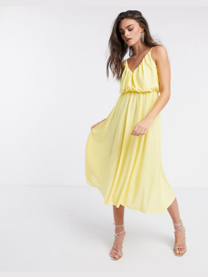 Asos Design Cami Plunge Midi Dress With Blouson Top In Lemon