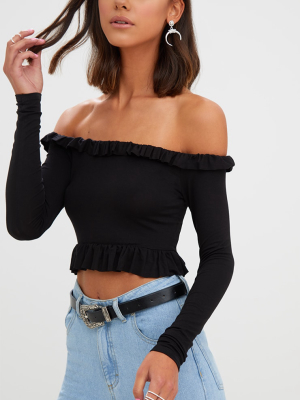 Black Bardot Frill Jersey Crop Top