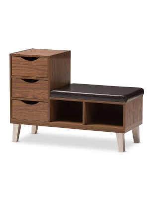 Arielle Modern And Contemporary Wood 3 - Drawer Shoe Storage Padded Leatherette Seating Bench With Two Open Shelves - "walnut" Brown - Baxton Studio