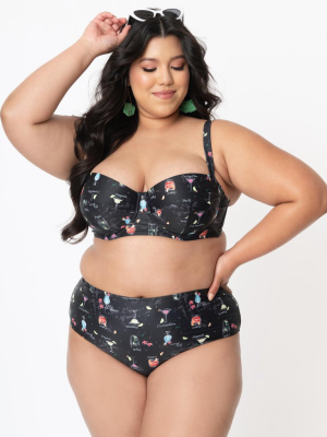 Collectif Plus Size Black & Cocktail Menu Print Swim Bottom