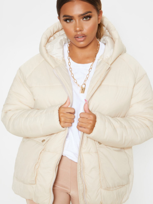Cream Pocket Front Hooded Puffer