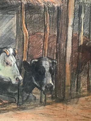 Evert Rabbers Framed "cows In Barn" Drawing