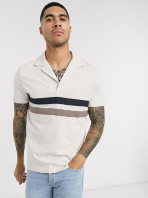 Asos Design Polo Shirt With Deep Revere Collar And Chest Stripes In Beige