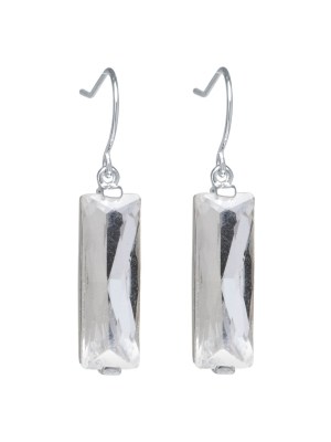 Silver Plated Brass Rectangular Clear Crystal Drop Earrings