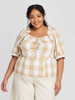 Women's Plus Size Plaid Elbow Sleeve Blouse - Who What Wear™ Beige 4x