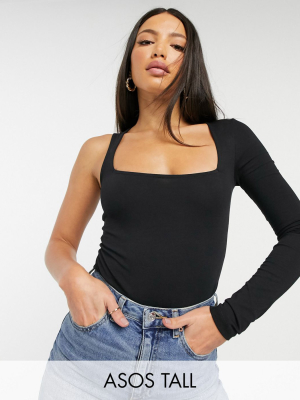 Asos Design Tall Bodysuit With Asymmetric Long Sleeve And Cami Strap In Black