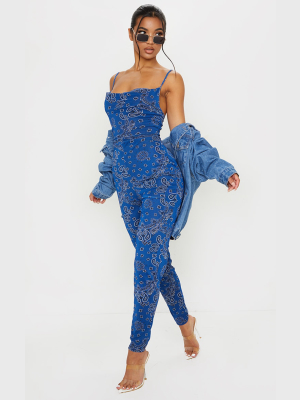 Blue Bandana Print Cowl Neck Mesh Jumpsuit