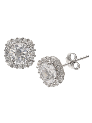 Women's Round Cubic Zirconia Stud Earrings With Pave Square Setting In Sterling Silver - Clear/gray (10mm)