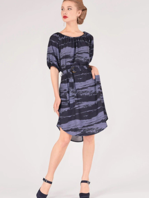 Blue Printed Gathered Raglan Sleeve Dress