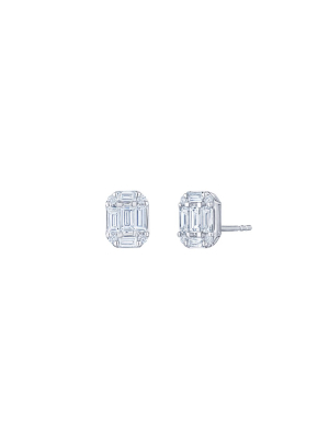 Sunburst Emerald Cut Diamond Studs - White Gold