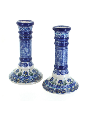 Blue Rose Polish Pottery Charleston Candlestick Pair