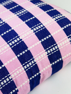 Backordered: Santiago Grid Pillow - Royal &amp; Baby Pink - 18"x18"