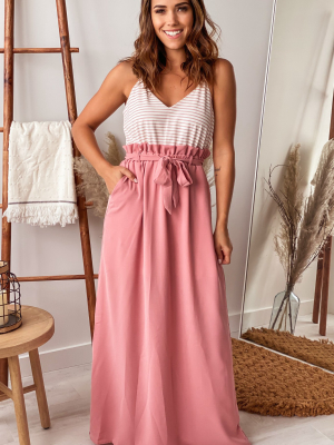 Dusty Pink Striped Maxi Dress With Paper Bag Waistline