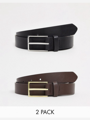 Asos Design 2 Pack Slim Belt In Black And Brown Faux Leather With Silver And Gold Buckle Save