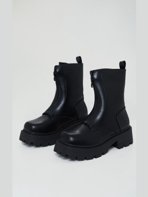 Black Matte Pu Chunky Cleated Zip Up Boots