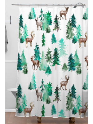 Ninola Design Deer Forest Watercolor Christmas Shower Curtain Green - Deny Designs