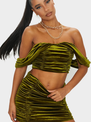 Olive Velvet Bardot Draped Panel Bandeau Top