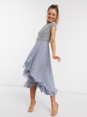 Asos Design Midi Linear Embellished Bodice Dress With High Neck And Wrap Skirt