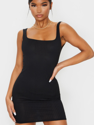 Black Ribbed Square Neck Bodycon Dress