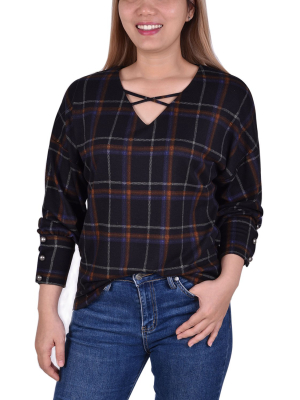 Ny Collection Long Sleeve Plaid Criss Cross With Wide Cuffs Top