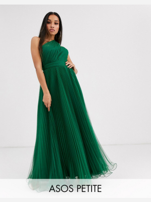 Asos Design Petite One Shoulder Tulle Maxi Dress In Forest Green