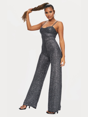 Black Cup Detail Glitter Jumpsuit