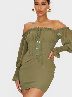 Khaki Chiffon Hook & Eye Tie Front Bodycon Dress