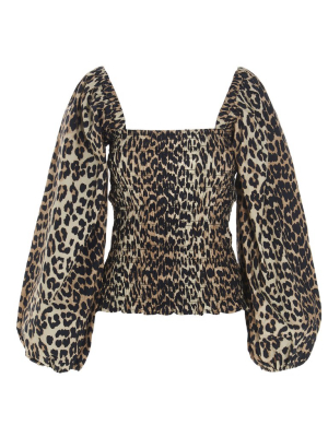 Ganni Leopard Print Balloon Sleeve Blouse