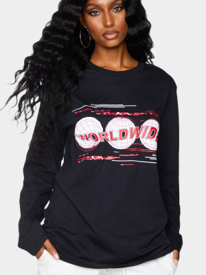 Black Worldwide Globe Print Long Sleeve T Shirt