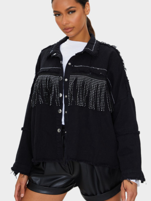 Black Fringe Studded Denim Shacket