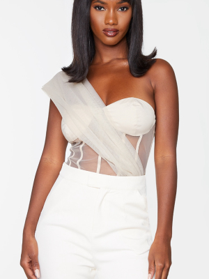 Nude Mesh Draped Corset Bodysuit