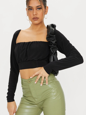 Black Soft Touch Ruched Bust Long Sleeve Crop Top