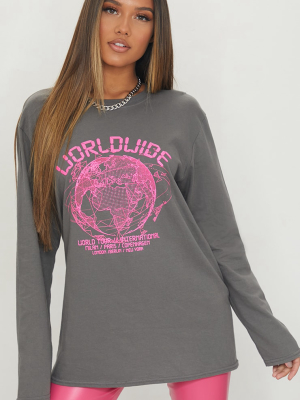 Grey Worldwide Printed Long Sleeve T Shirt