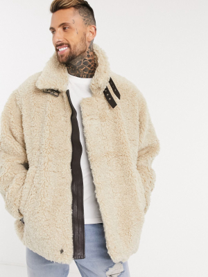 Asos Design Oversized Sherpa Aviator Jacket In Stone