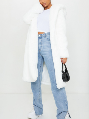 White Premium Longline Faux Fur Hooded Coat