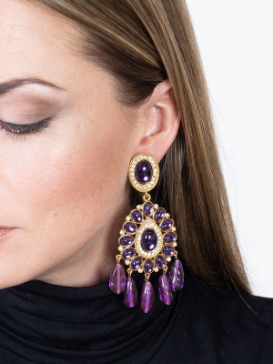 Gold & Amethyst Cabochon Drop Clip Earrings