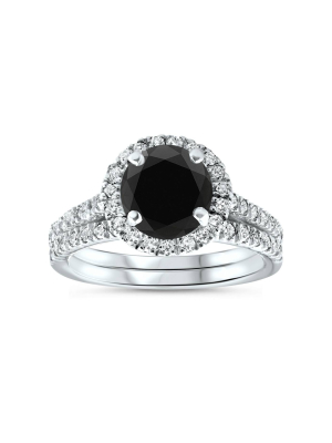 Pompeii3 2 1/2 Ct Treated Black Diamond Halo Engagement Wedding Ring Set 14k White Gold - Size 8