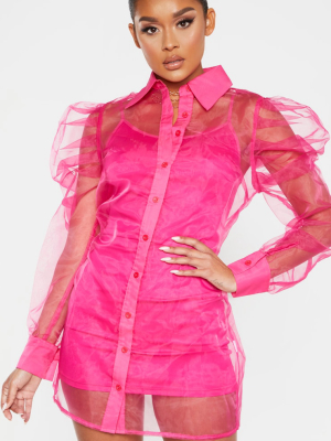 Hot Pink Puff Shoulder Organza Shirt Dress