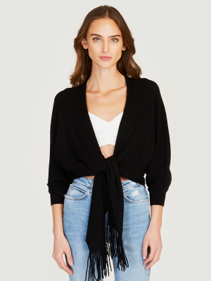 Rib Fringed Tie Front Dolman In Black