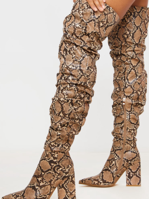 Brown Snake Ruched Thigh High Block Heel Boots