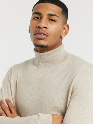 Topman Knitted Roll Neck Sweater In Stone