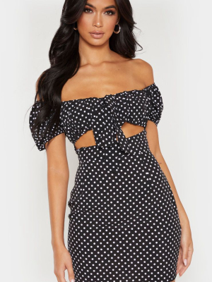 Black Polkadot Bardot Puff Sleeve Tie Front...