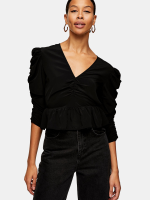 Black Ruched Sleeve Tea Top