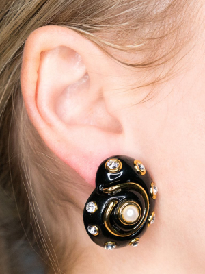 Gold Trim Black And Crystal Dots With Pearl Center Shell Clip Earrings