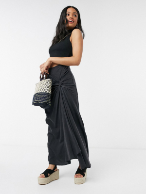 Asos Design Soft Denim Maxi Skirt With Ruching Detail